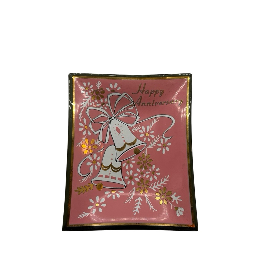 Vintage MCM Houze Art Pink on Brown Glass Handmade Happy Anniversary Catch All